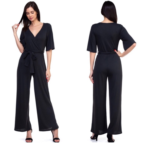 Black Surplice front wide leg jumpsuit - Picture 3 of 8